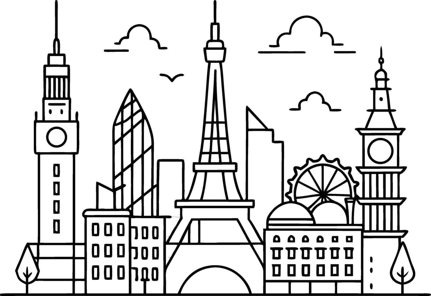 Black and White Line Art Cityscape Featuring Eiffel Tower Big Ben Tokyo Tower Ferris Wheel and Modern Buildings vector