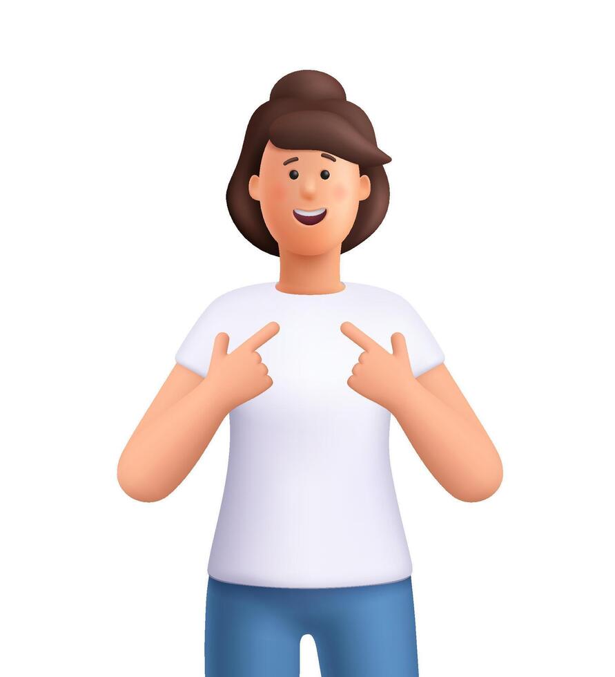 Young smiling woman Jane pointing at herself with both hands. Suggesting pride, confidence and achievement concept. 3d people character. Cartoon minimal style. vector