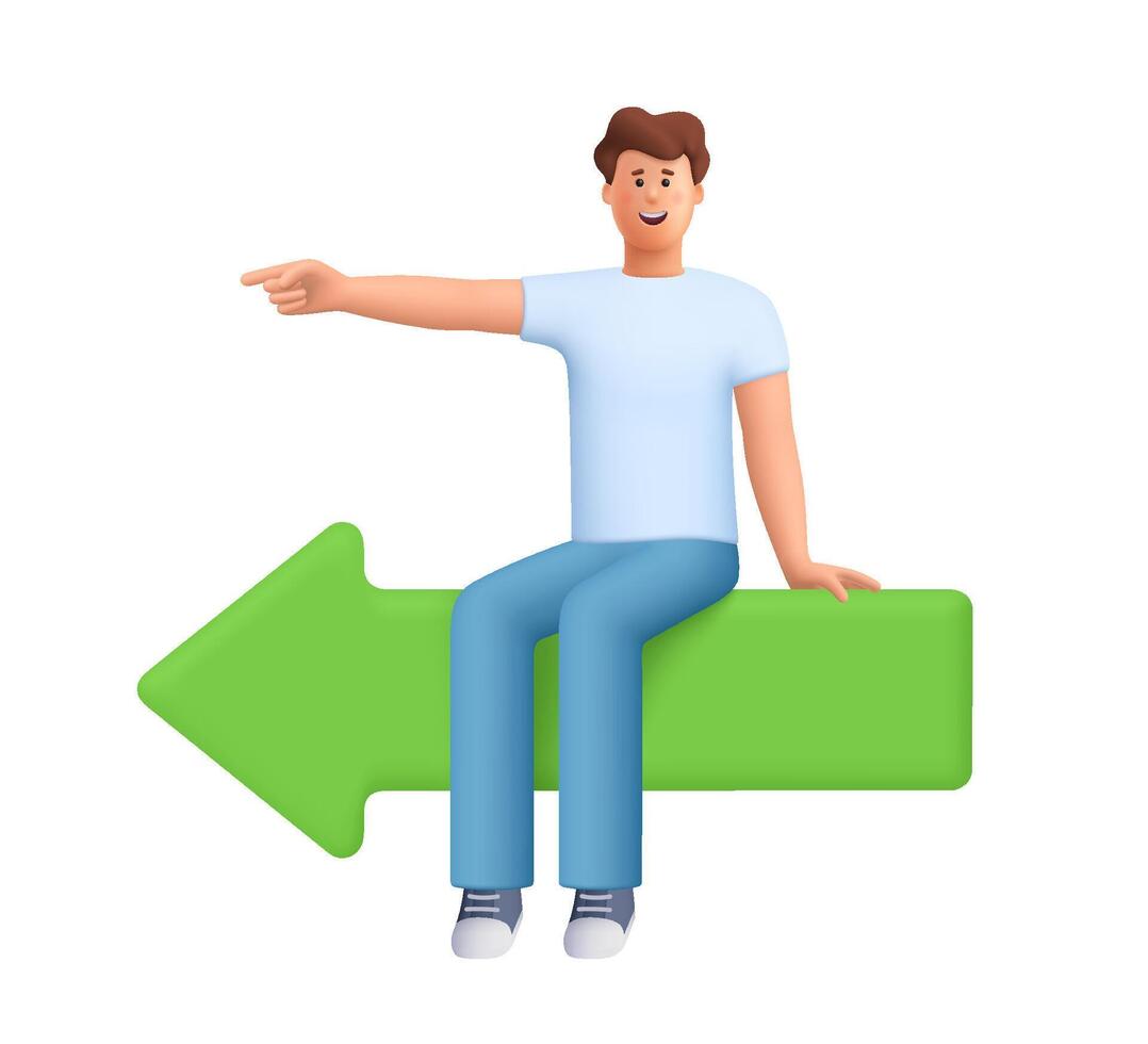 Young smiling man James sitting on a large green arrow signboard and pointing left direction. Business decision, work direction and leadership. 3d people character. Cartoon minimal style. vector