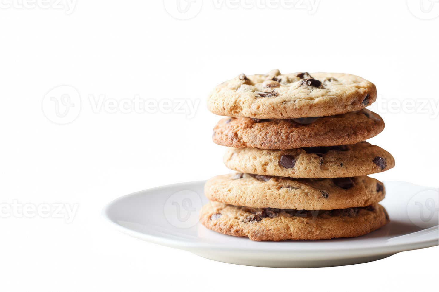 A stack of chocolate chip cookies on a white plate png
