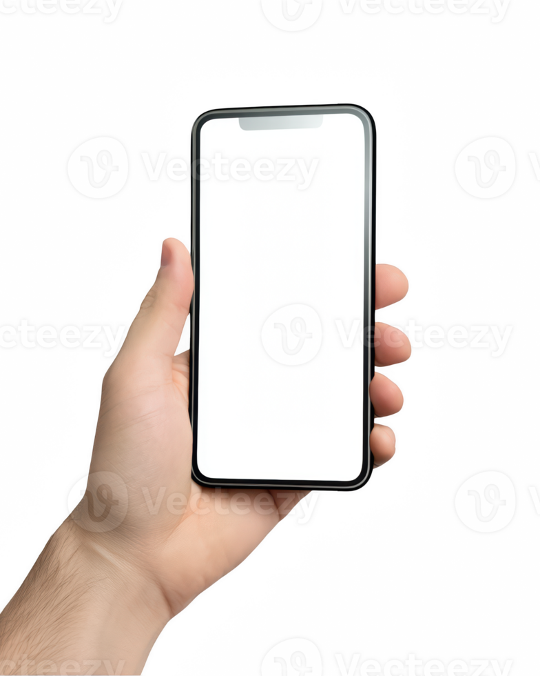 A person holding a smartphone with a blank screen png