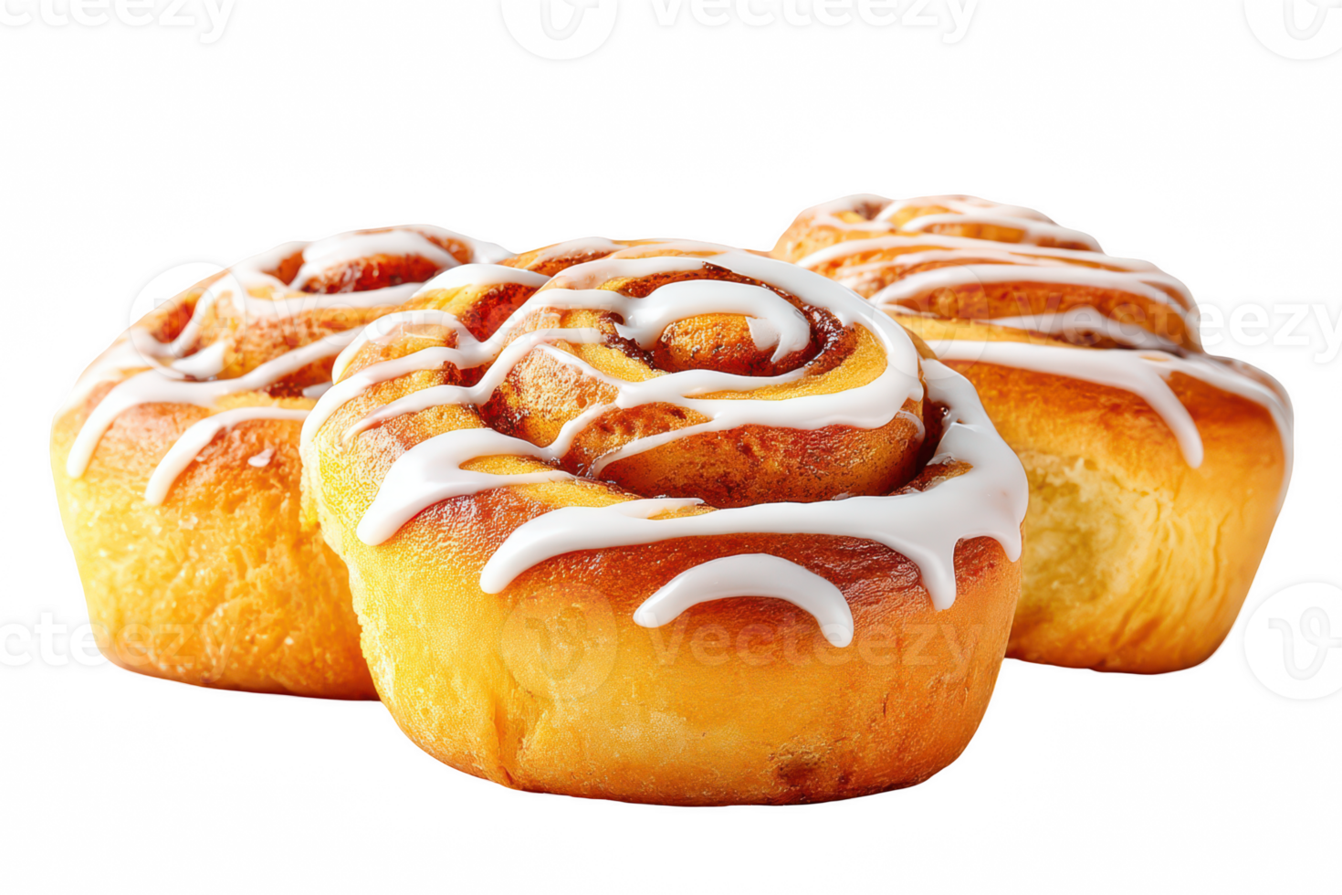 A close up of three cinnamon rolls with white icing on top png