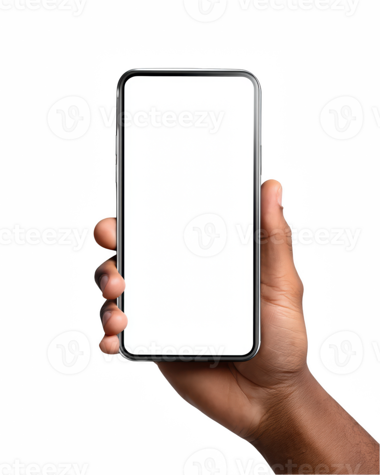 A person holding a white blank smartphone screen png
