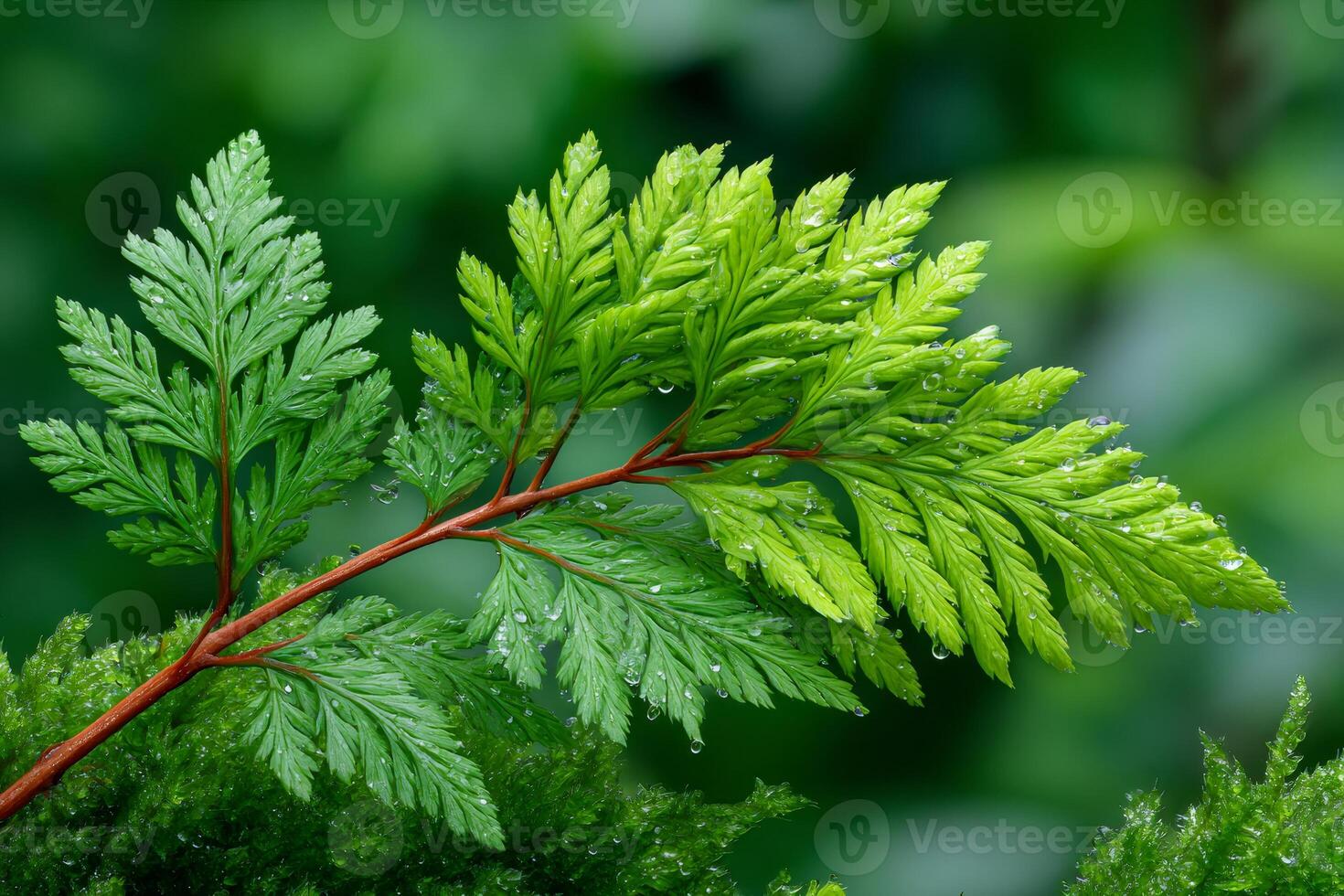 Delicate fern leaves holding sparkling raindrops after summer rain photo