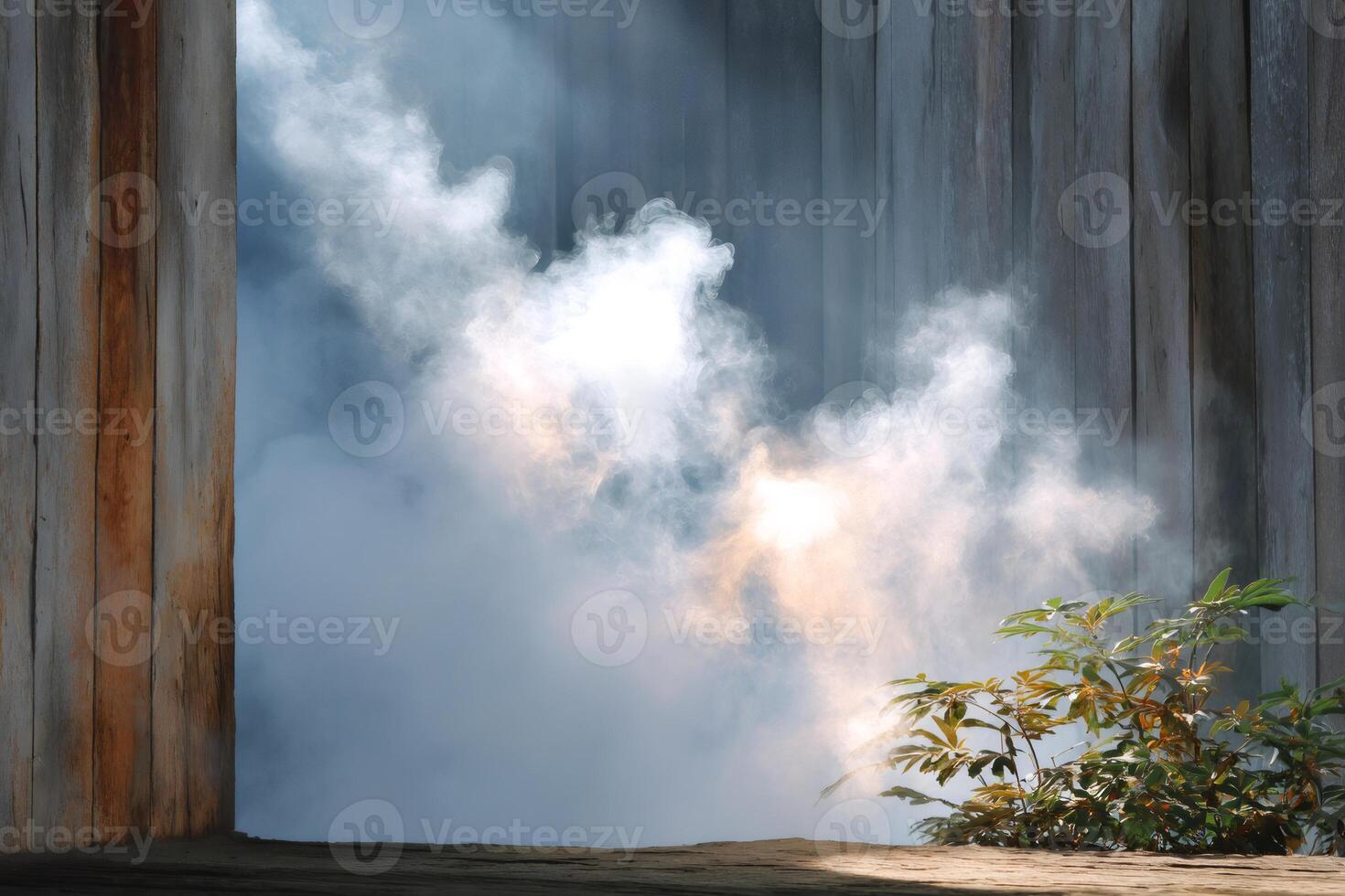 Smoke rising from wooden floor with plant and wooden wall in background photo