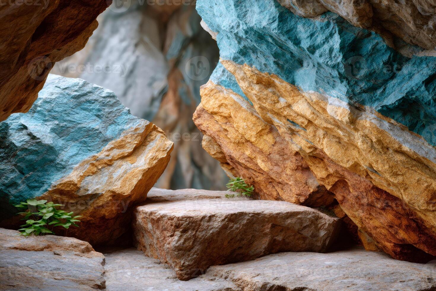 Exploring a colorful rock cave with plants growing inside photo