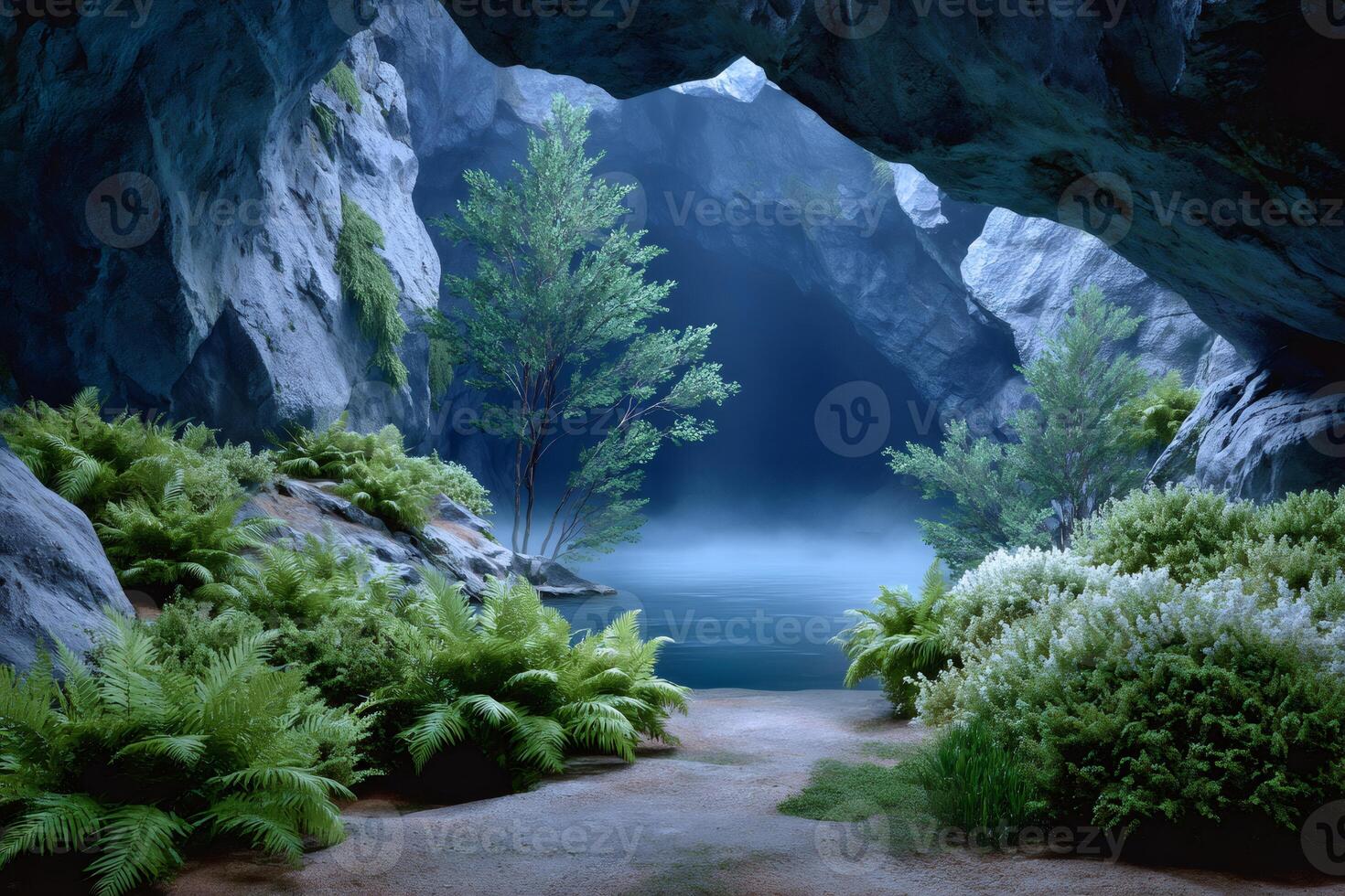 Underground lake flowing in a mysterious blue cave with ferns and trees photo