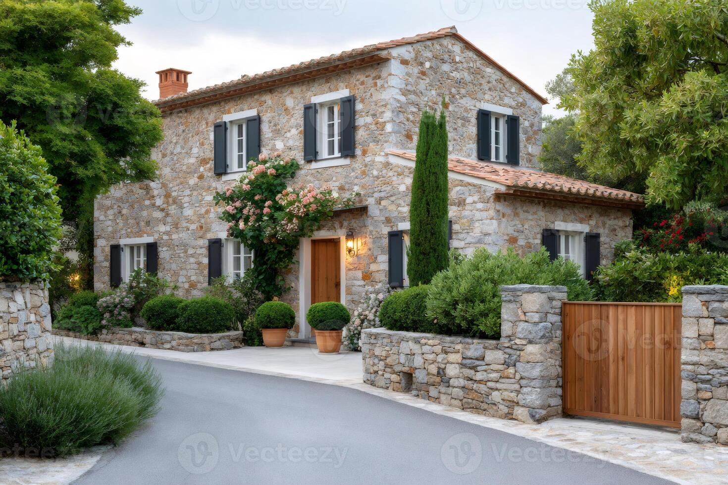 Charming stone house with wooden gate and beautiful garden in Provence photo