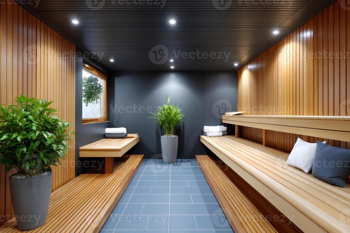Modern sauna room boasting sleek design and inviting ambiance, featuring wooden benches and relaxing atmosphere photo