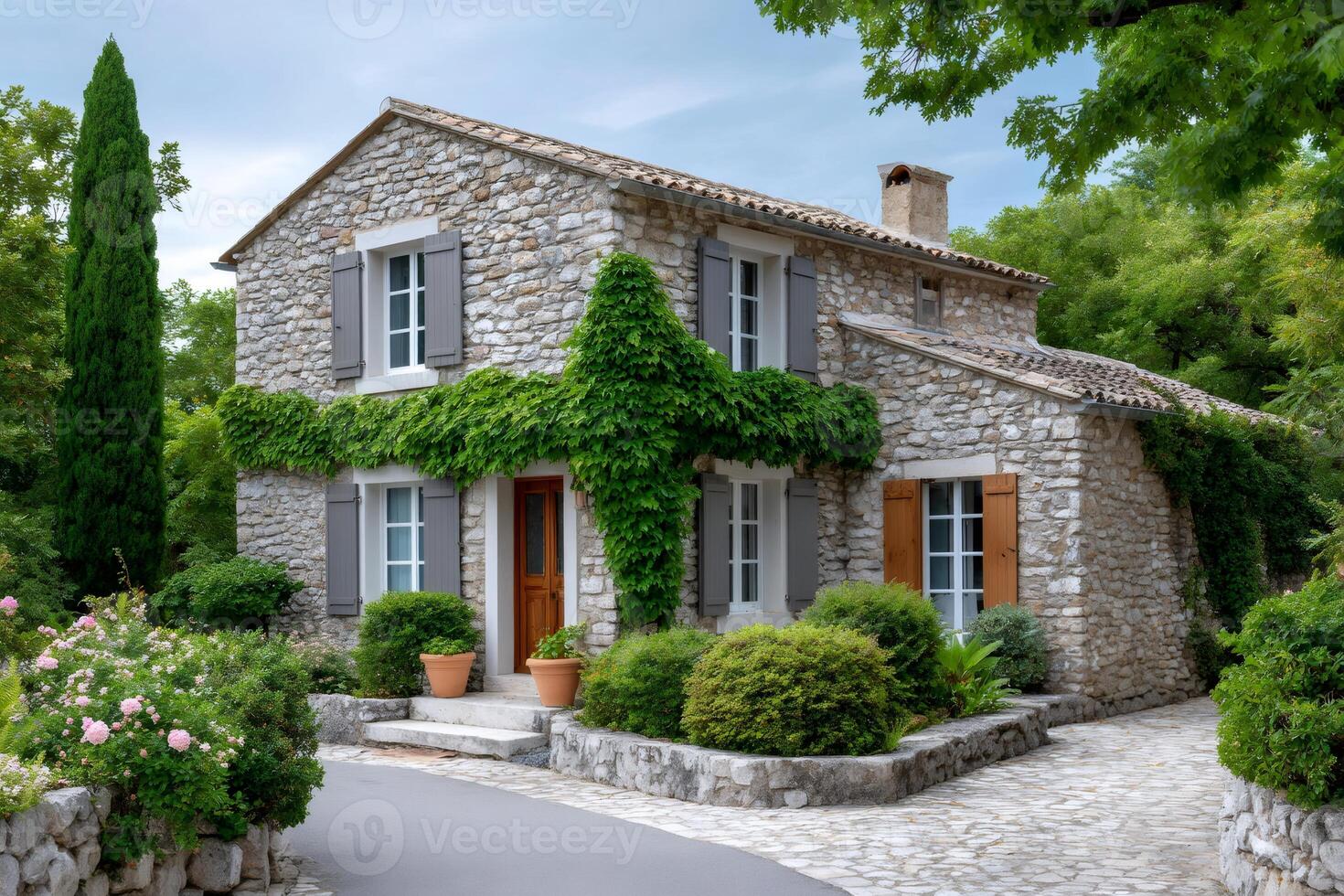 Charming stone house with climbing plants and wooden shutters in Provence photo