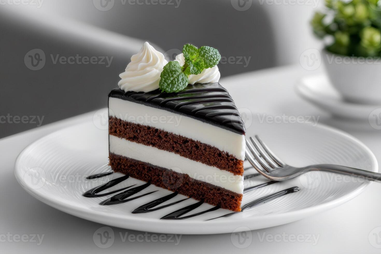 Delicious slice of chocolate cake with white cream and mint on white plate photo