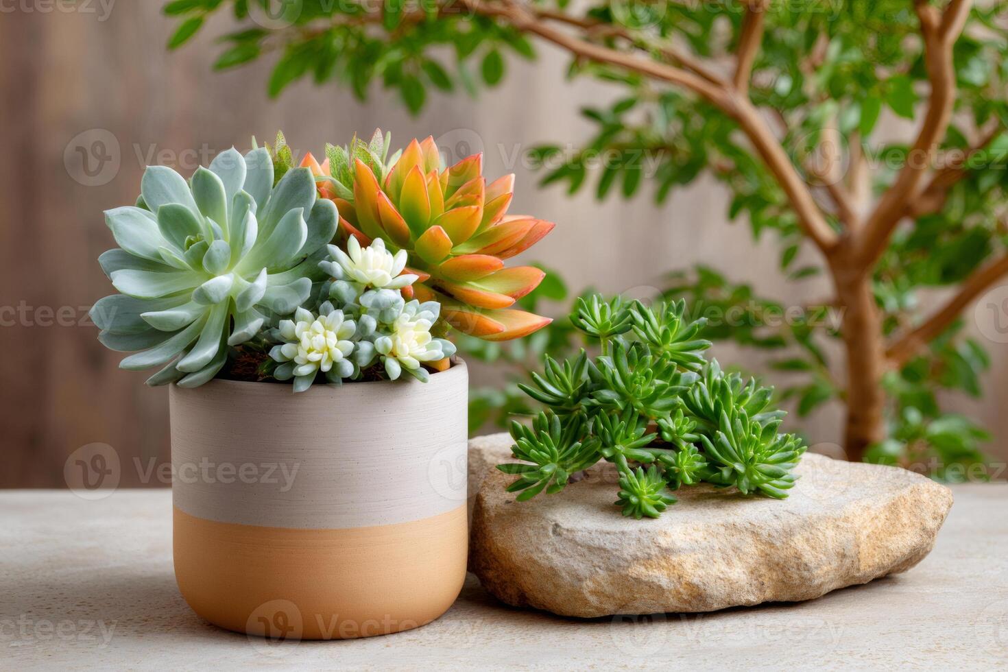 Colorful succulents growing in ceramic pot and on rock photo