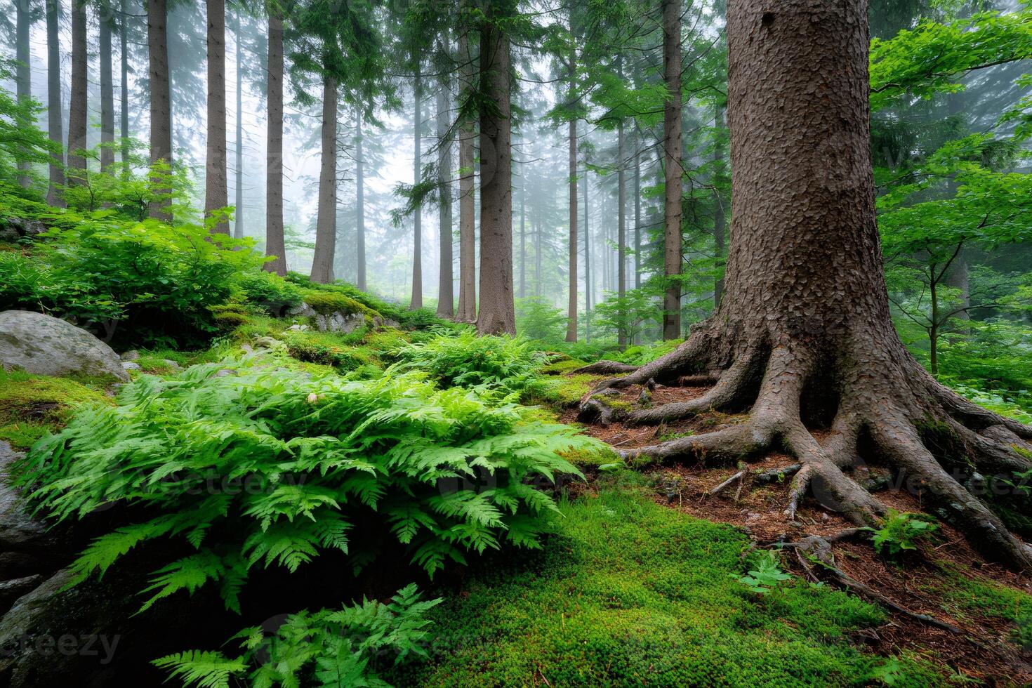 Large tree roots growing on mossy forest floor with ferns and fog photo