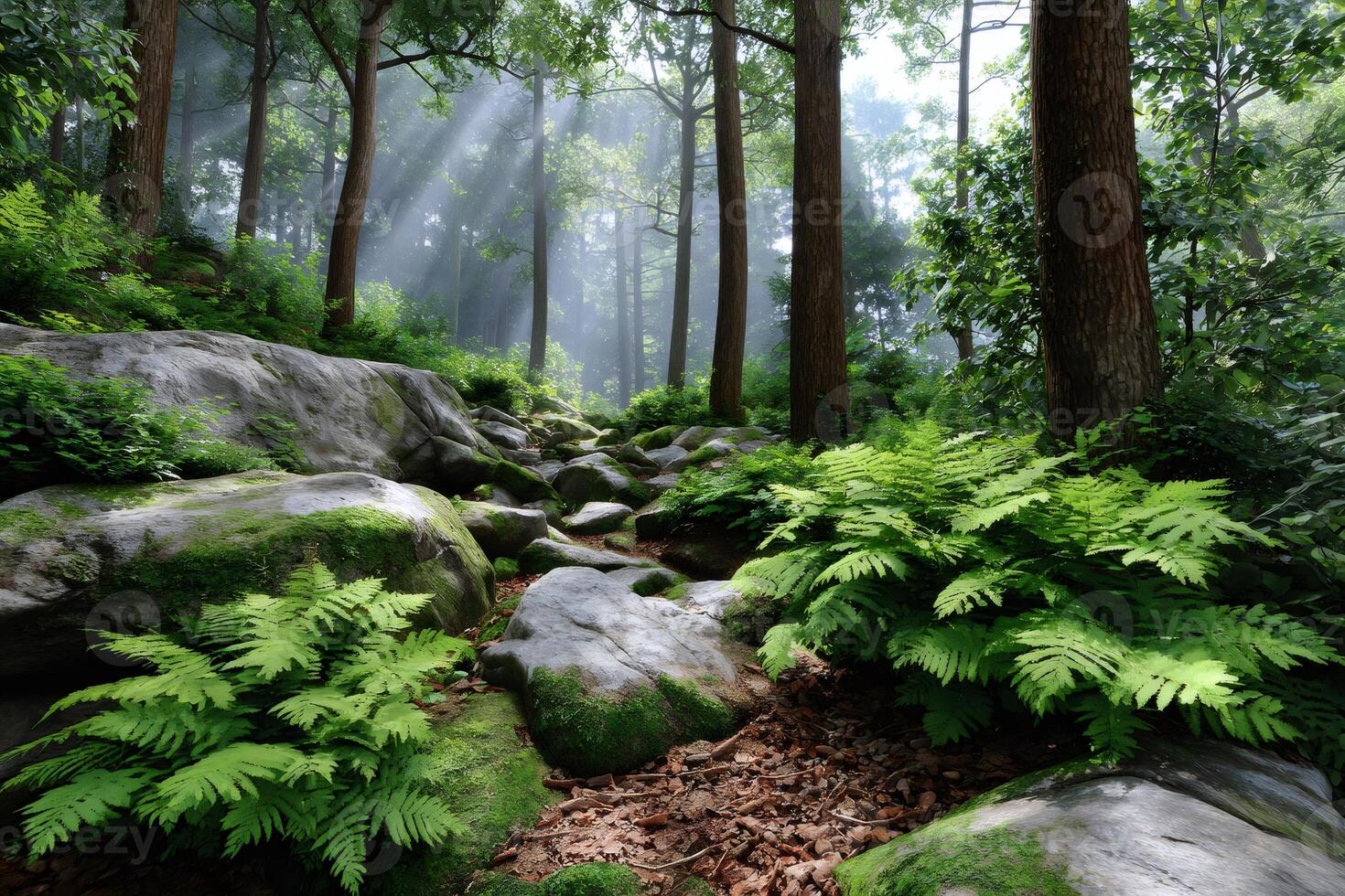 Sunbeams illuminating lush ferns and mossy rocks in a tranquil forest photo