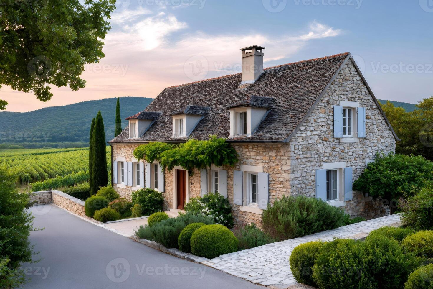 Charming stone house overlooking picturesque vineyards in Provence at sunset photo