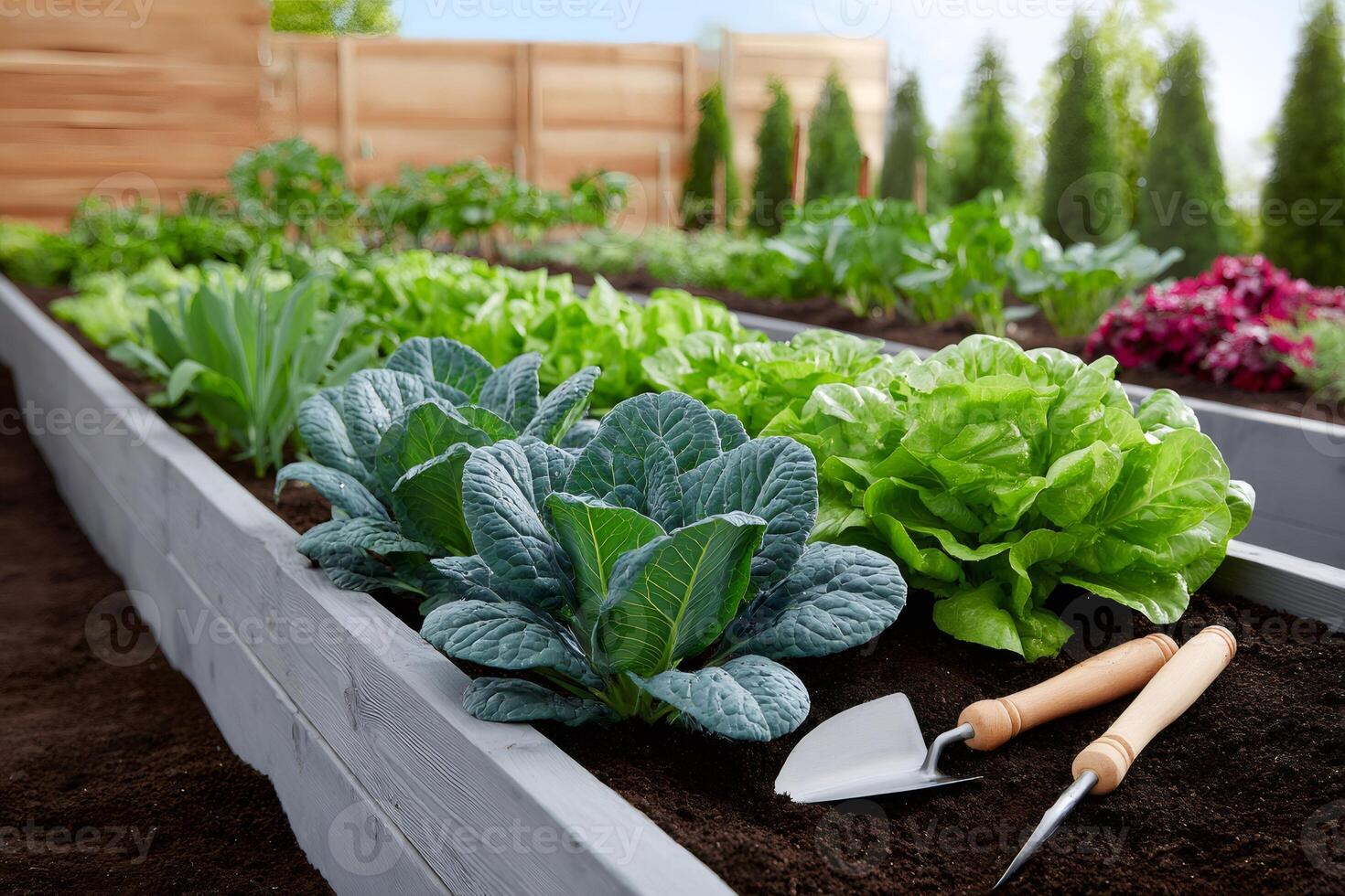Lettuce and other vegetables growing in raised garden bed with gardening tools photo