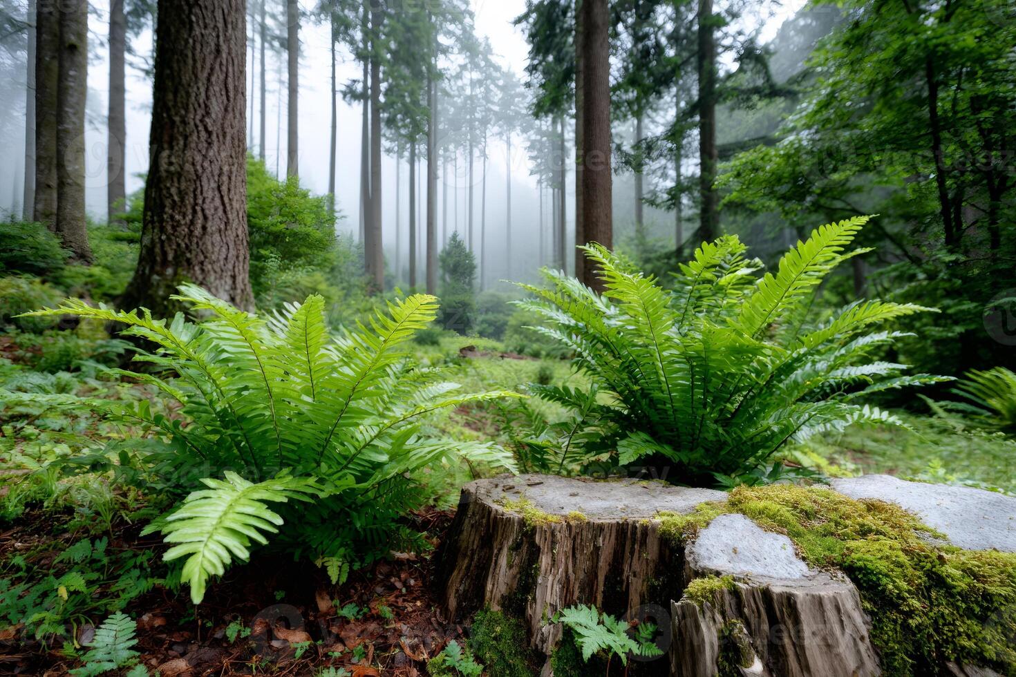 Green ferns growing on a tree stump in a foggy forest photo