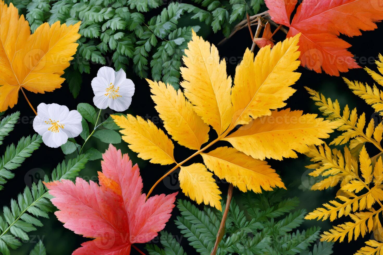 Colorful autumn leaves and white flowers creating a beautiful fall pattern photo