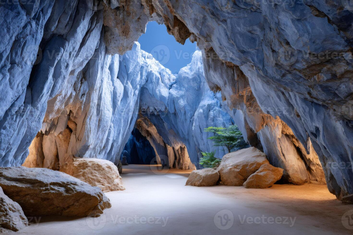 Exploring marble cave with illuminated path and heart shaped opening photo