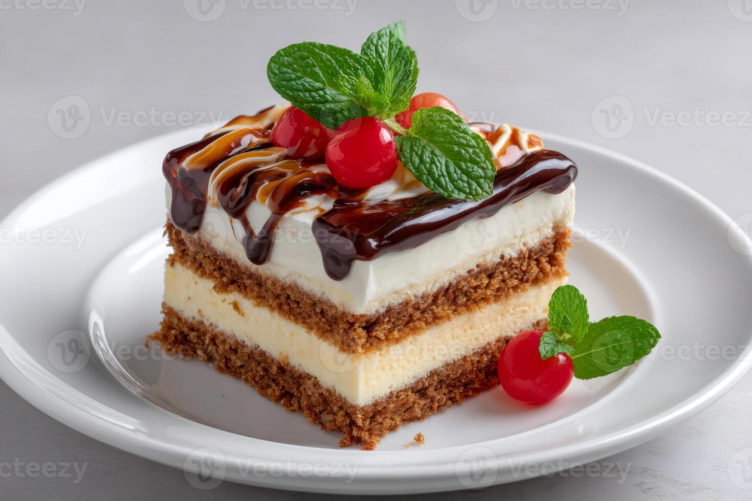 Piece of layered cake with chocolate syrup and mint leaves on white plate photo