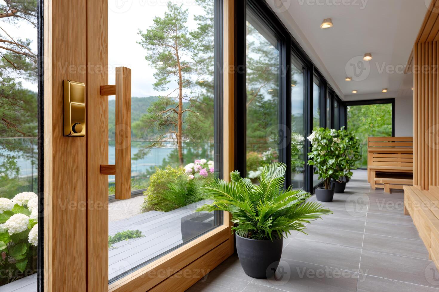 Modern spa overlooking lake with open wooden door photo