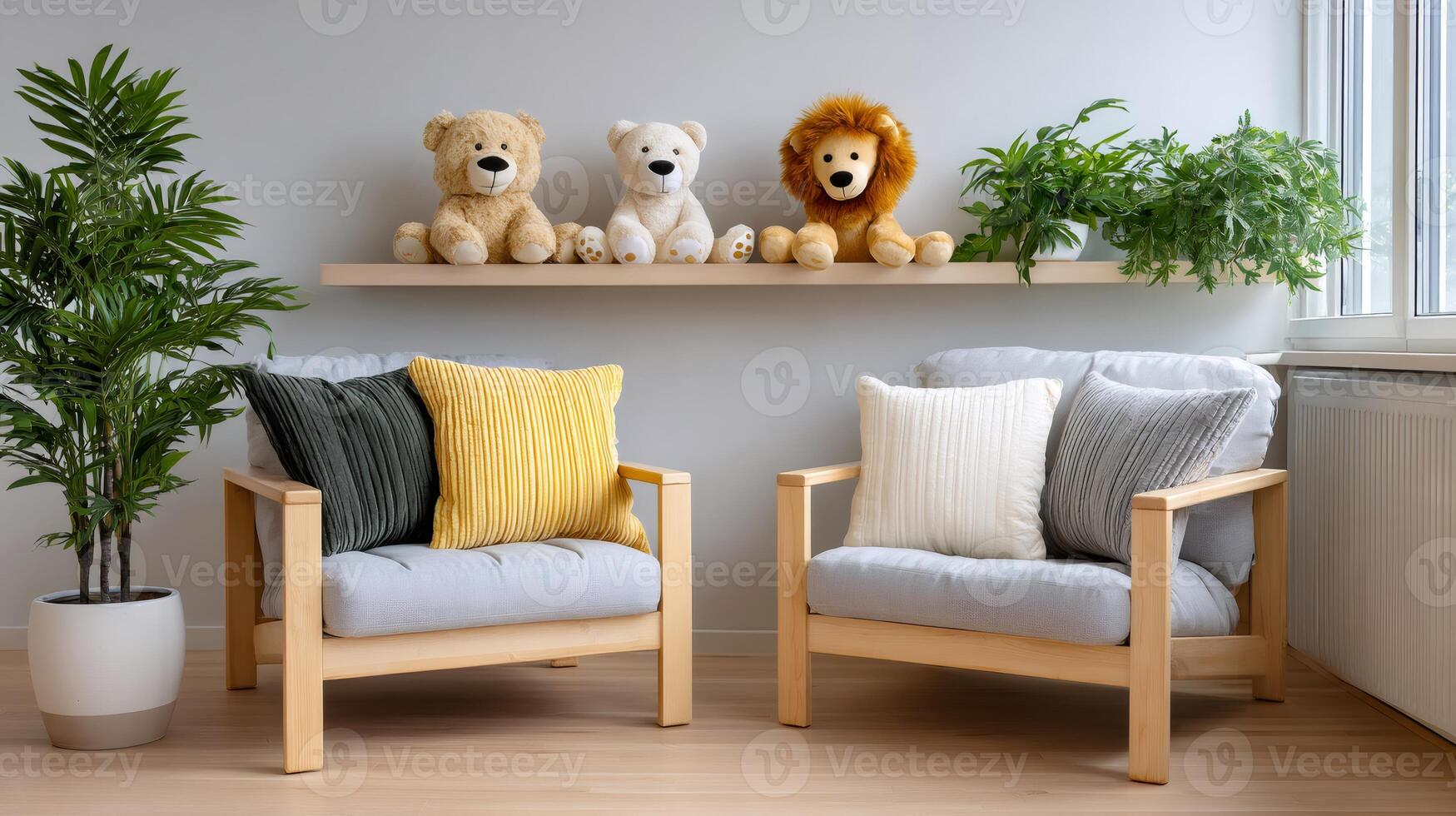 Cozy waiting room with plush toys sitting on shelf photo