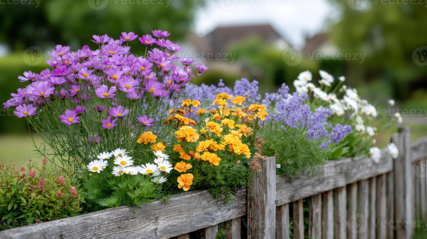 Colorful cosmos, marigold, daisy and lavender flowers growing in wooden fence photo