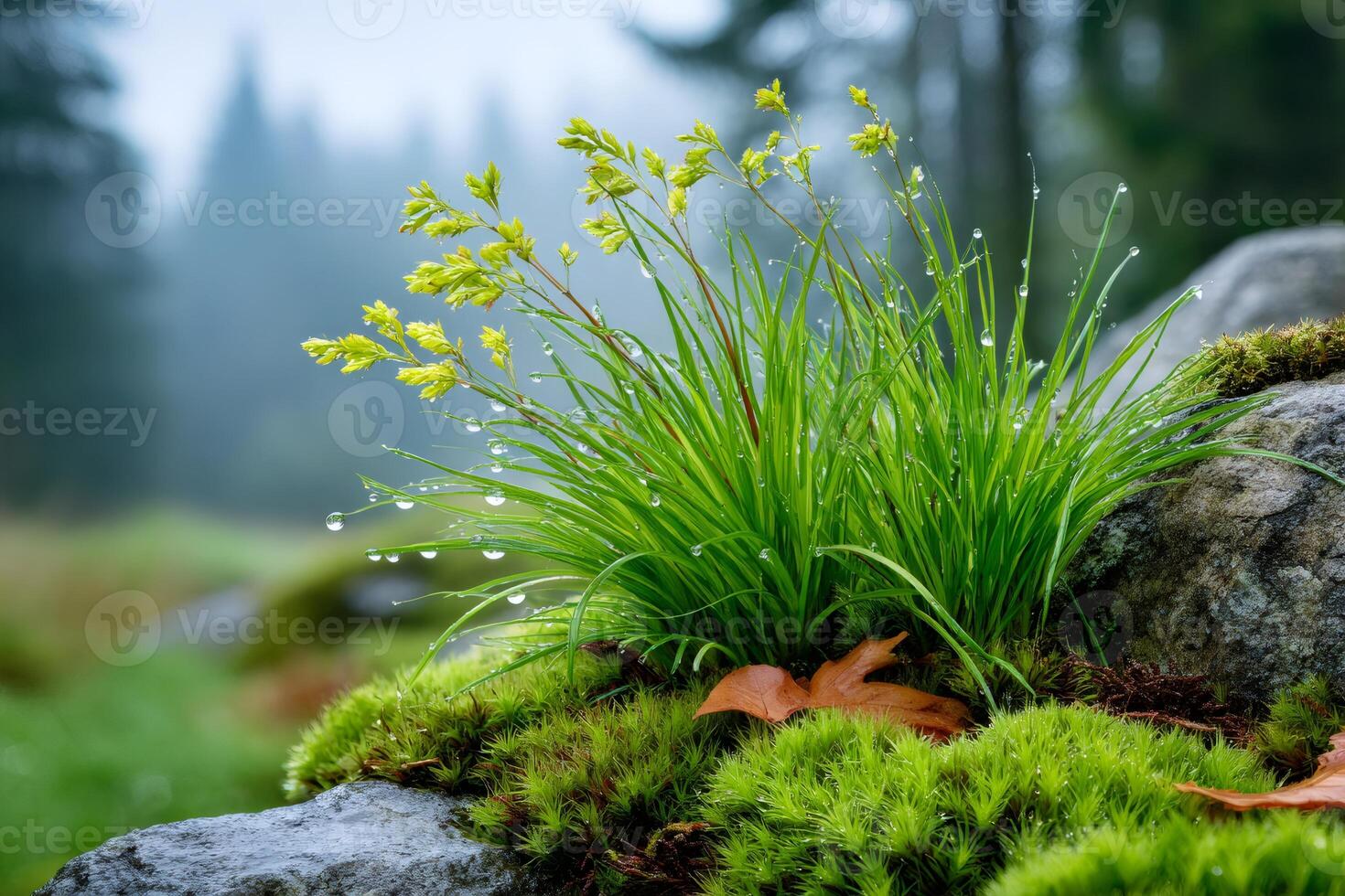Lush green grass growing on moss covered rocks with morning dew photo