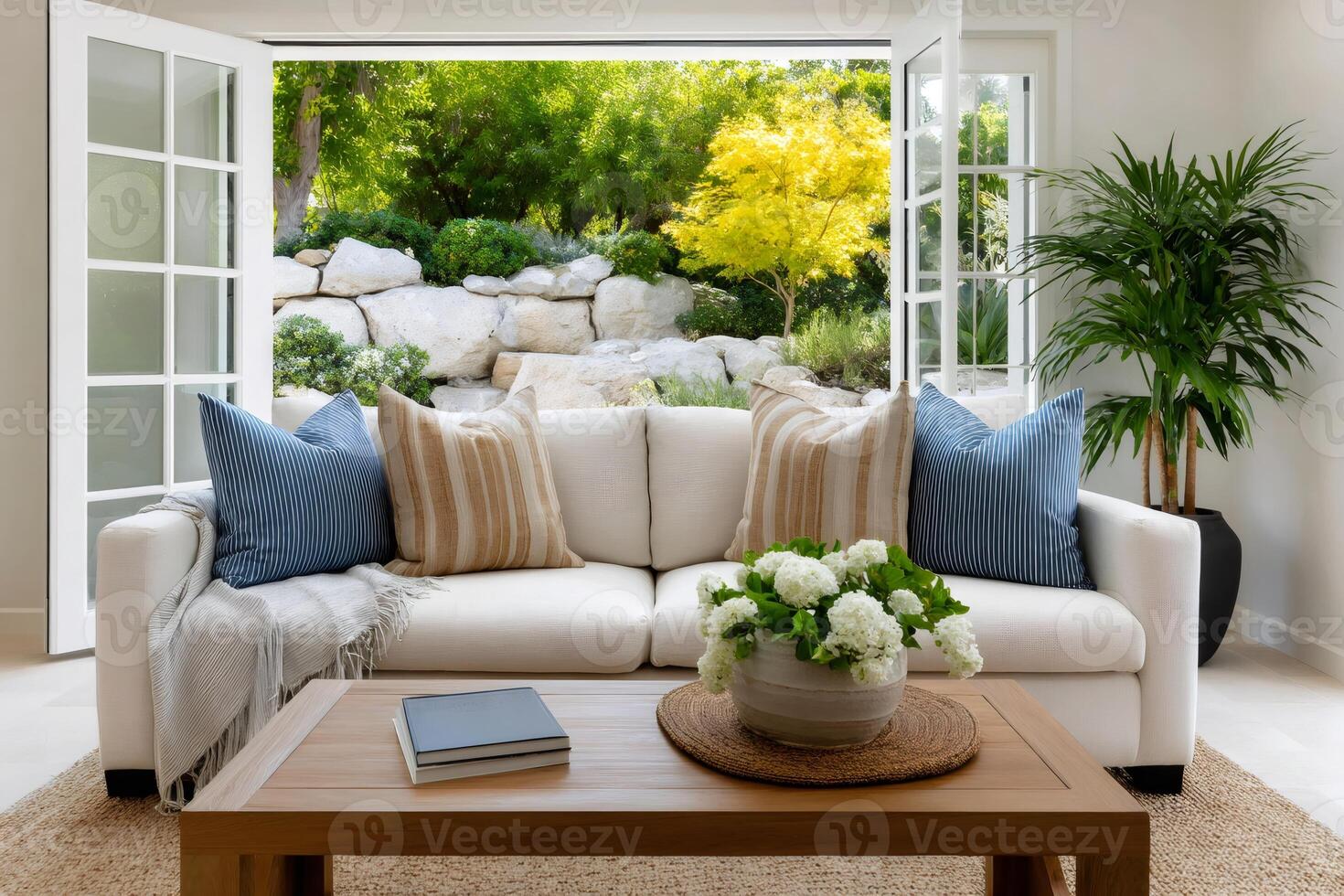 Comfortable white sofa inviting to relax in front of opened french doors revealing beautiful backyard photo