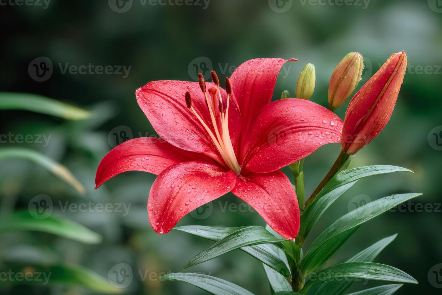 Red lily flower growing in a garden with water drops photo