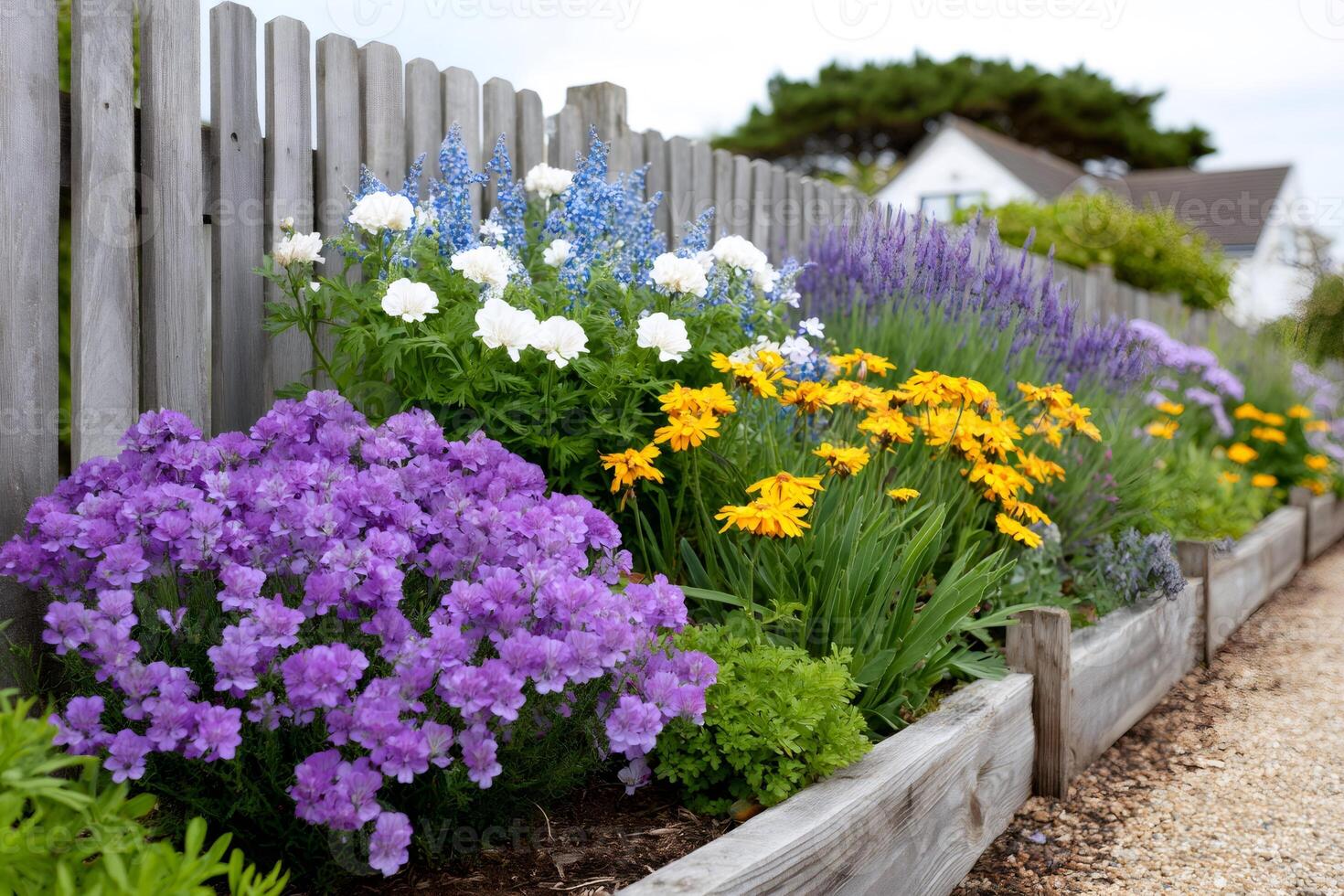 Colorful flowers growing in a garden by a wooden fence. photo