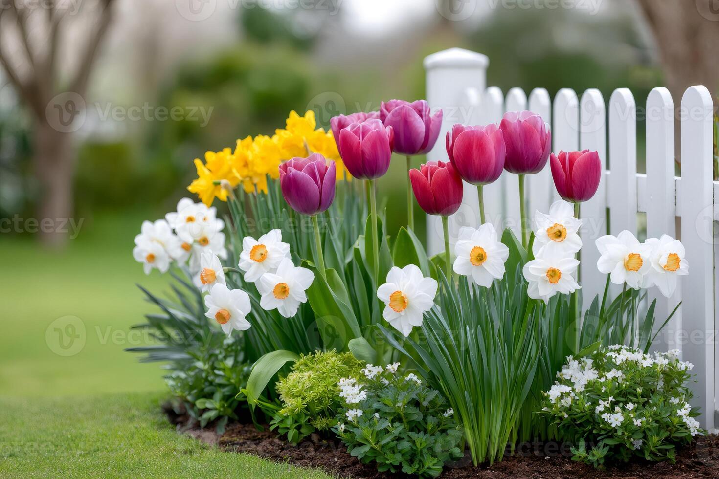 Colorful tulips and daffodils growing in a flowerbed by a white picket fence photo