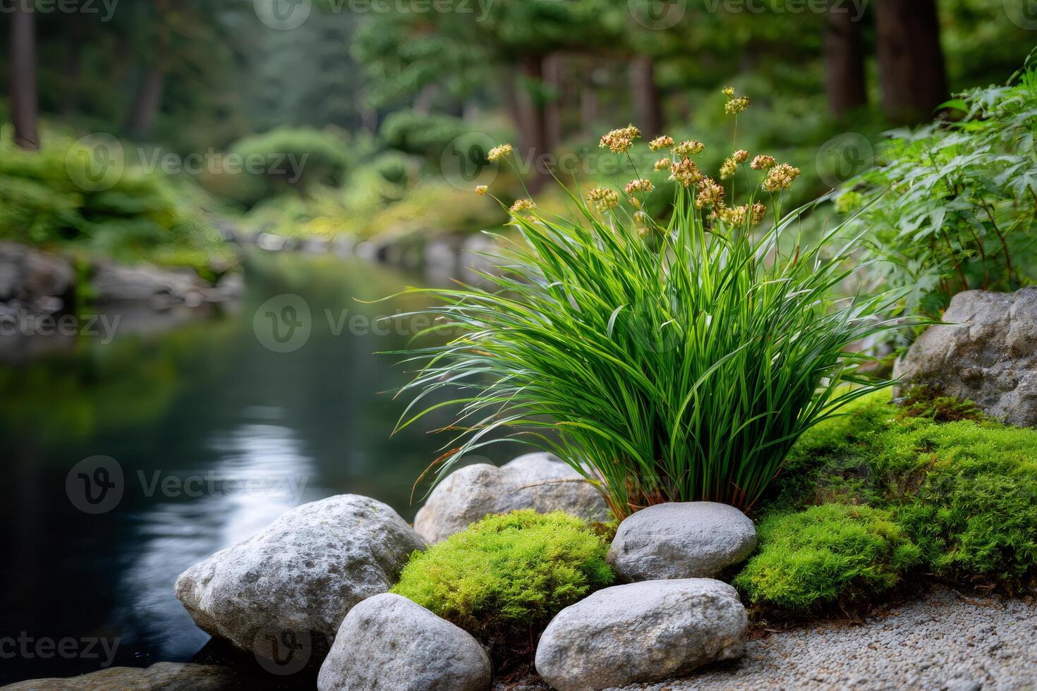 Ornamental grass growing near pond in japanese garden photo