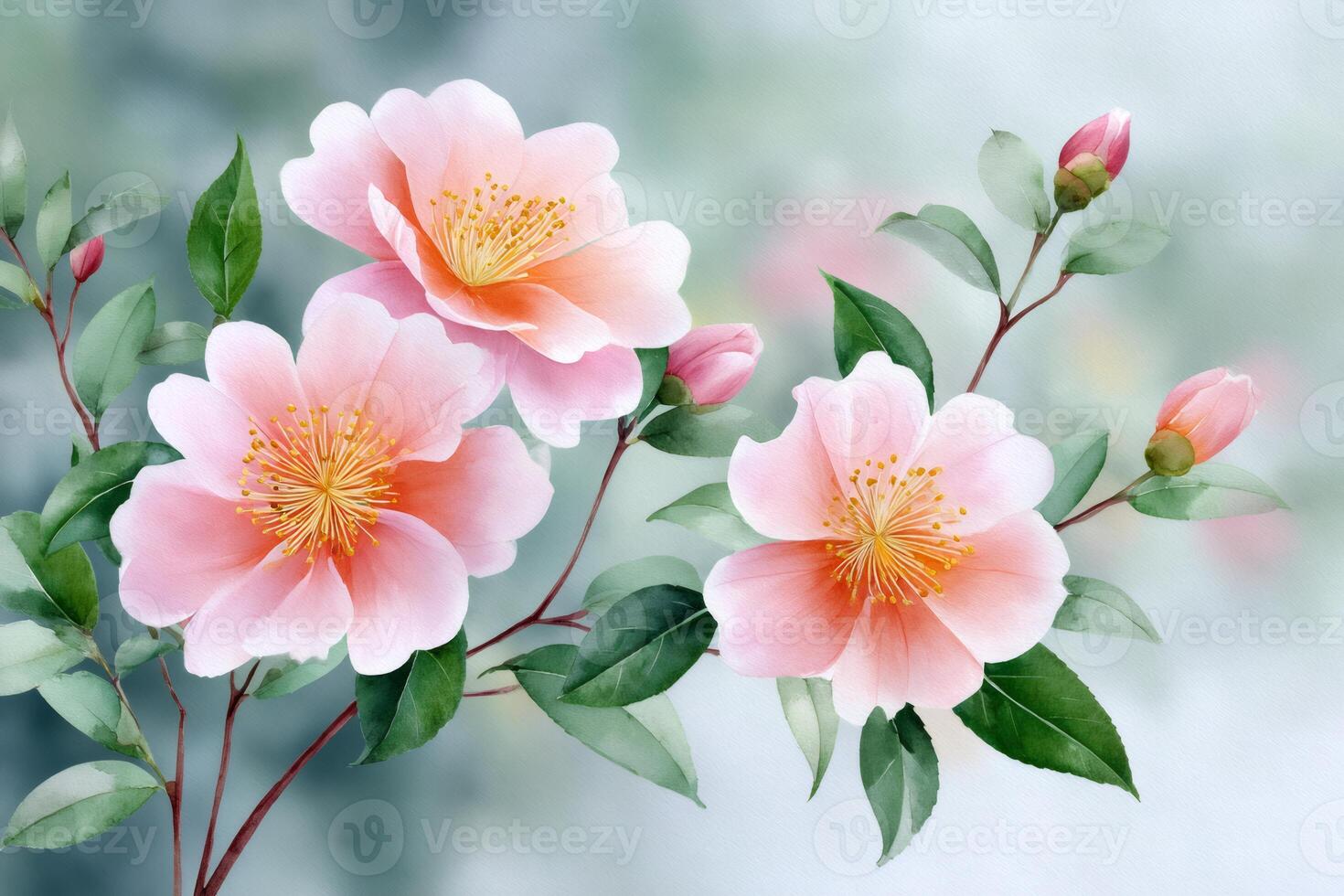 Pink camellia flowers blooming on branch with green leaves photo