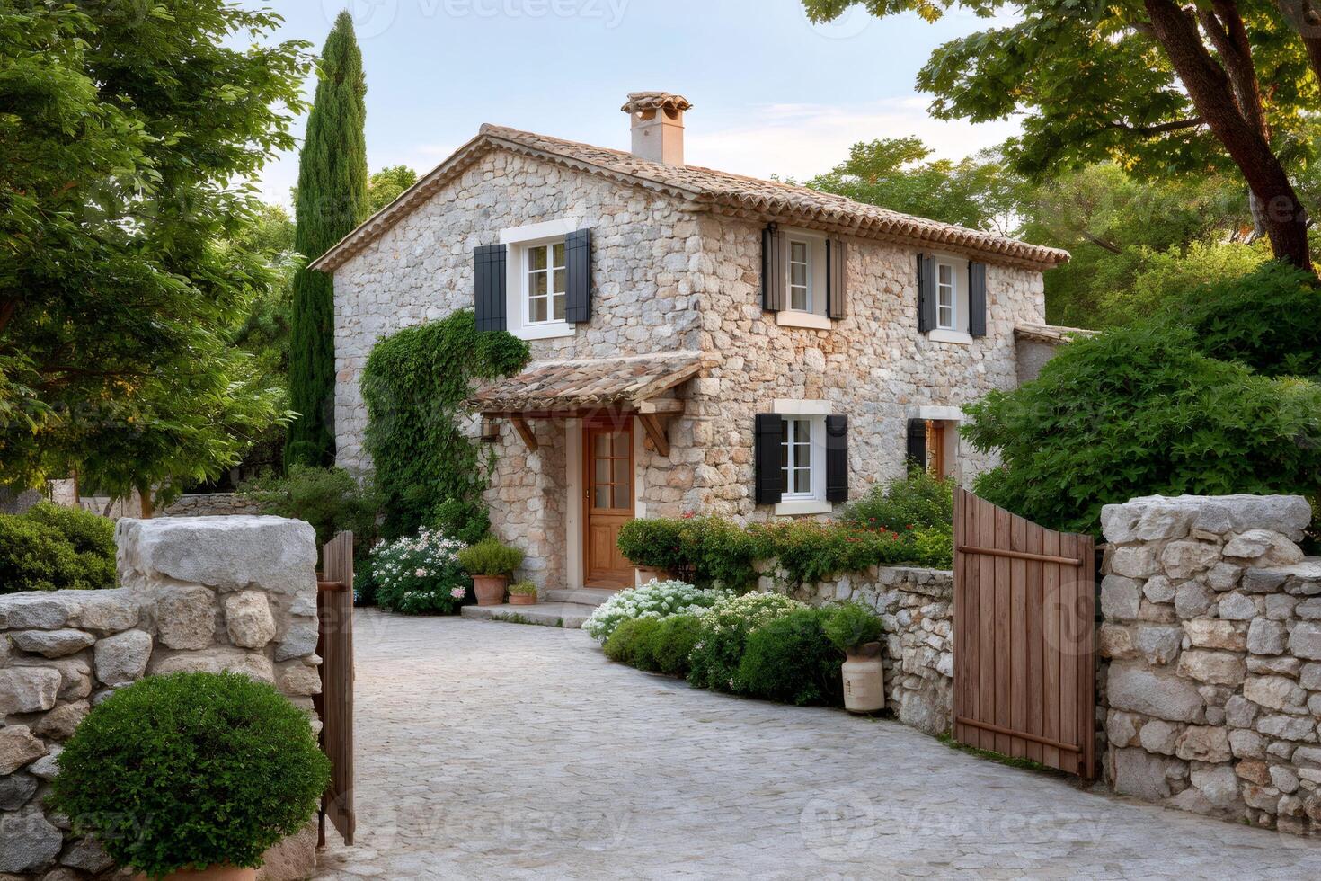 Charming stone house with wooden gate and beautiful garden in Provence. photo