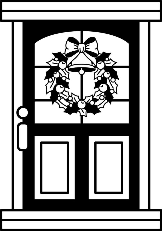 black and white illustration of a door with a wreath hanging on it vector