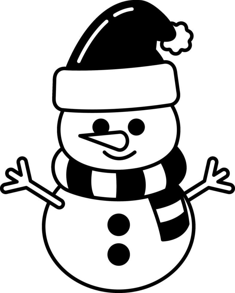 black and white illustration of a snowman wearing a hat and a scarf vector