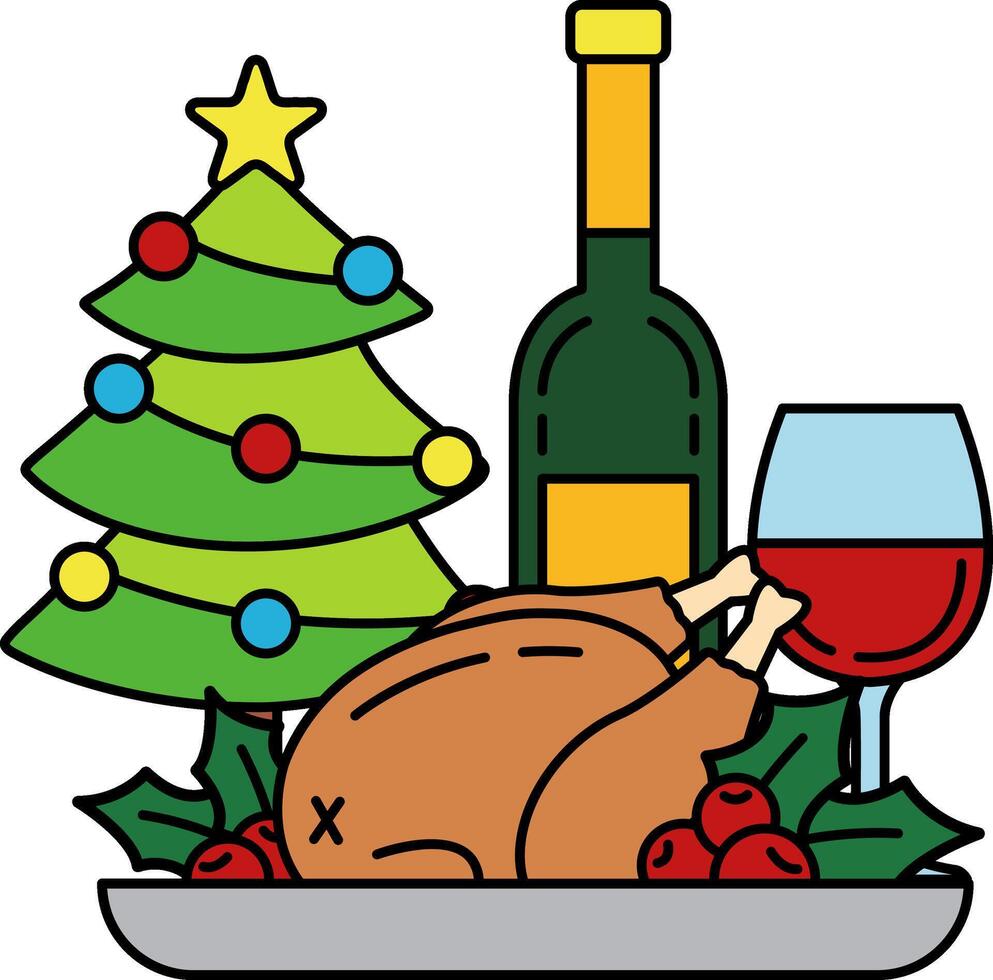 The Christmas tree is surrounded by a bottle of wine and a plate of roast turkey vector