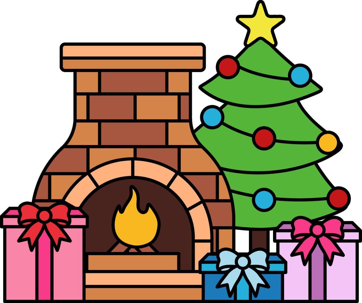 A fireplace with a Christmas tree and presents in front of it vector