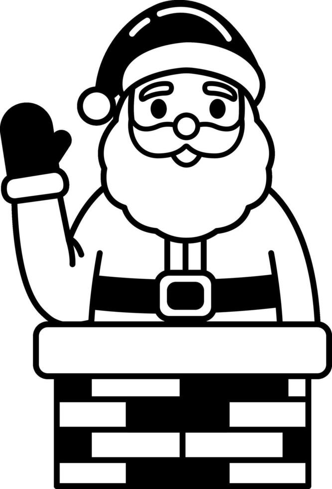black and white illustration of Santa Claus waving from a chimney vector