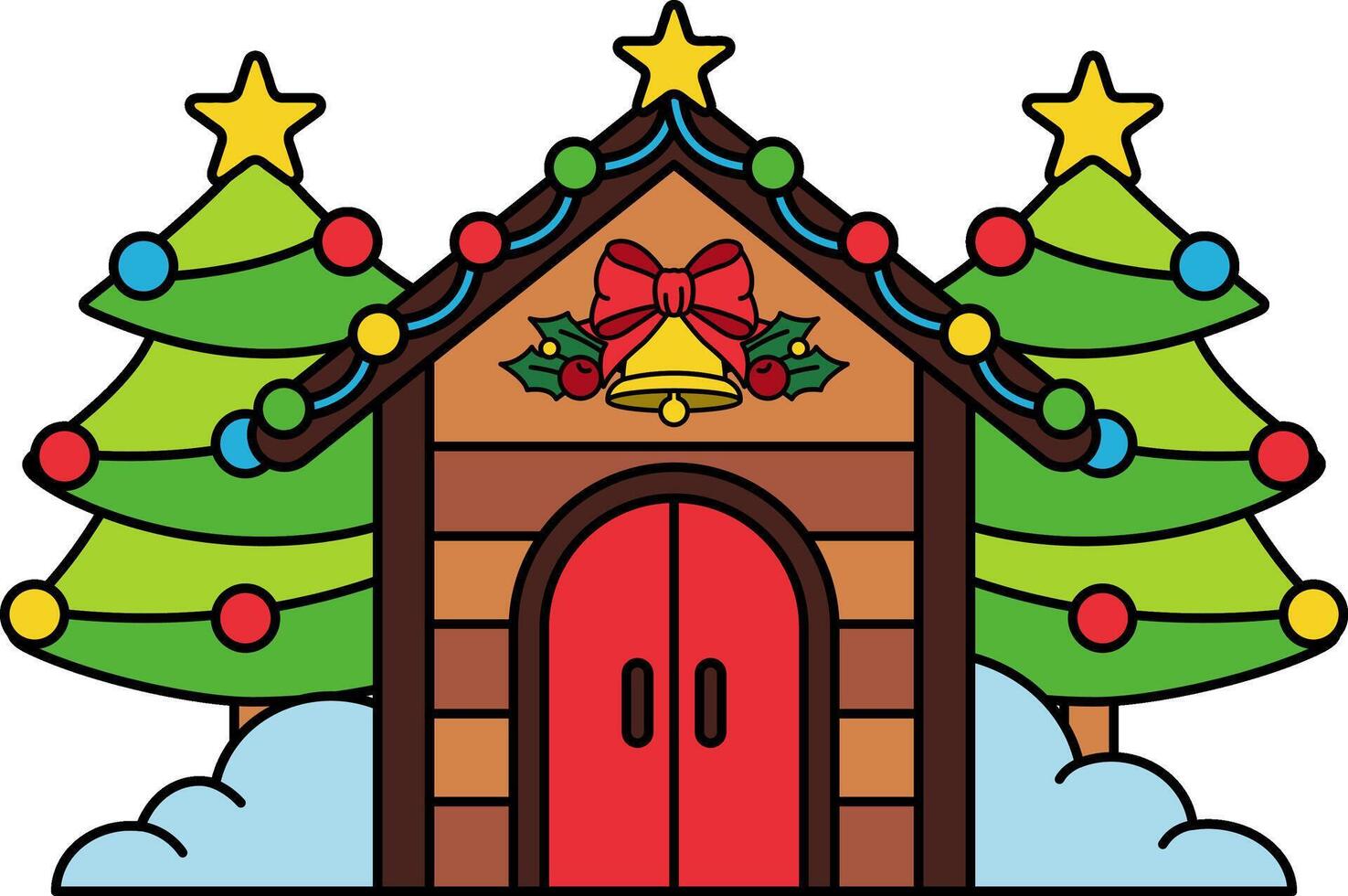 The house is decorated with Christmas lights and a Christmas tree vector