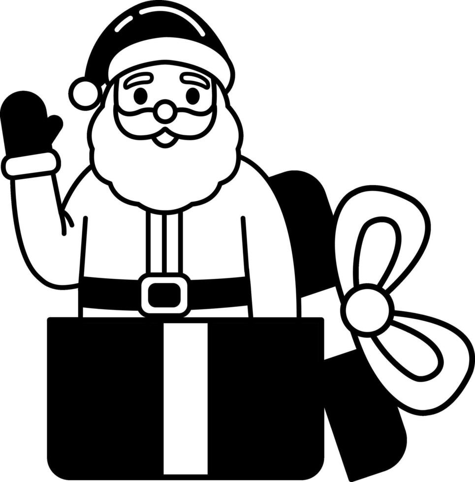 black and white illustration of a Santa in a gift box vector