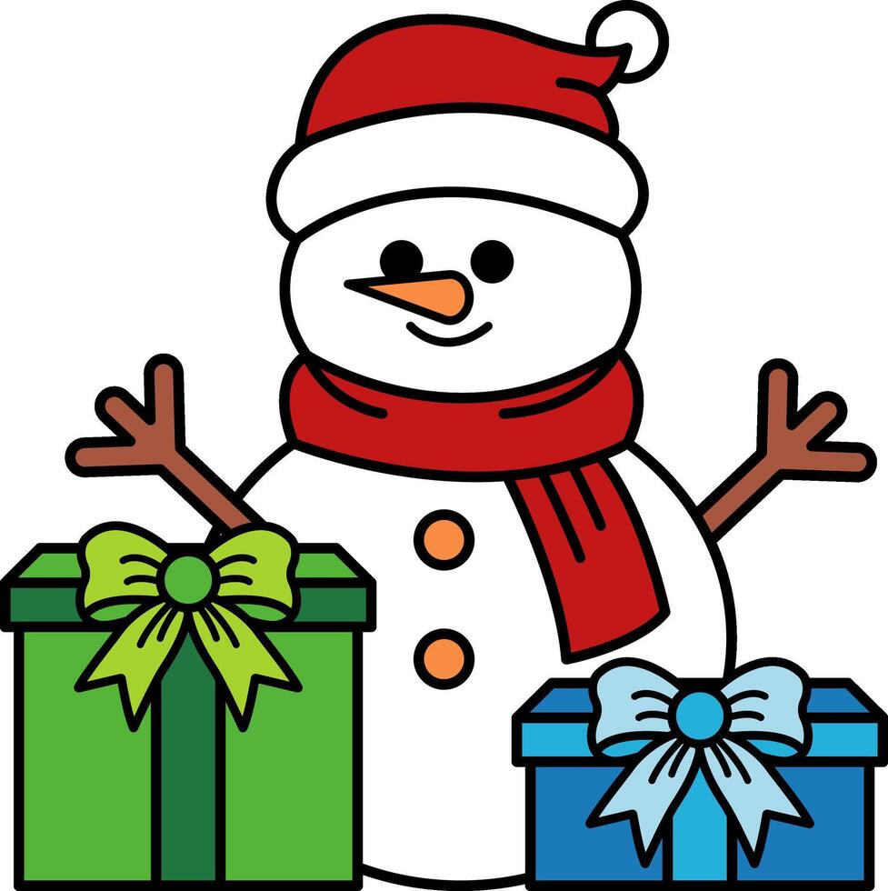 snowman wearing red scarf and two gift boxes vector