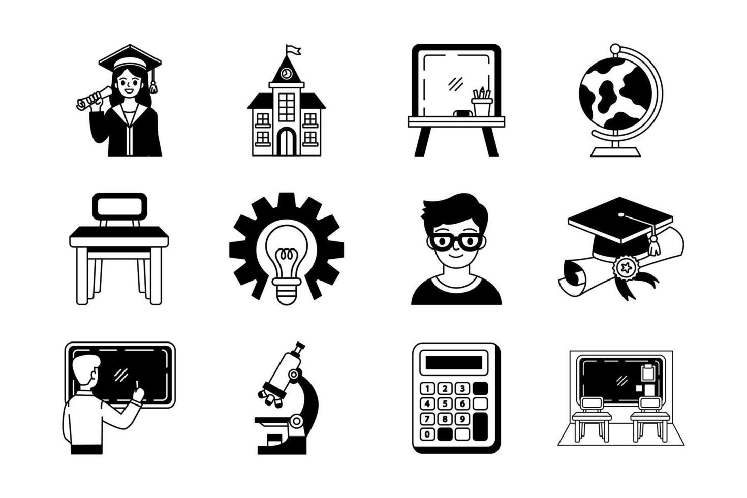 black and white illustration of school items collection vector