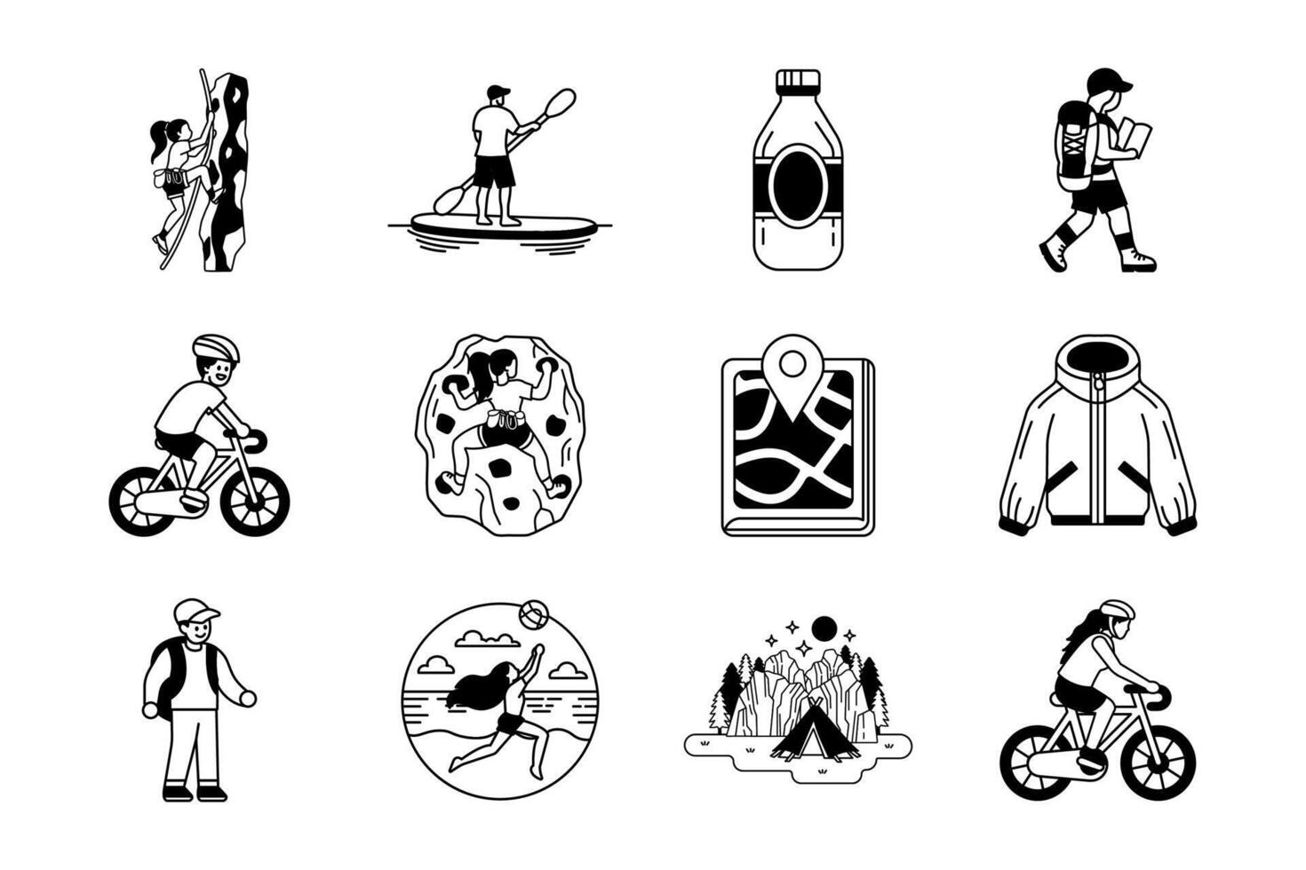 black and white illustration items of recreation adventure and travel vector