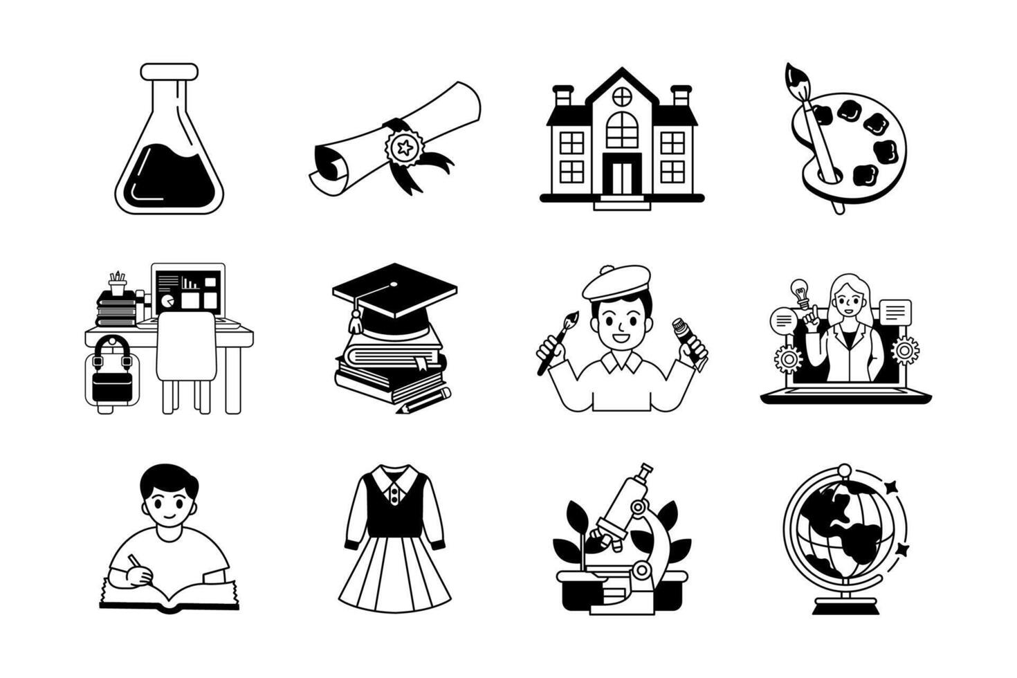 black and white illustration items of school collection vector