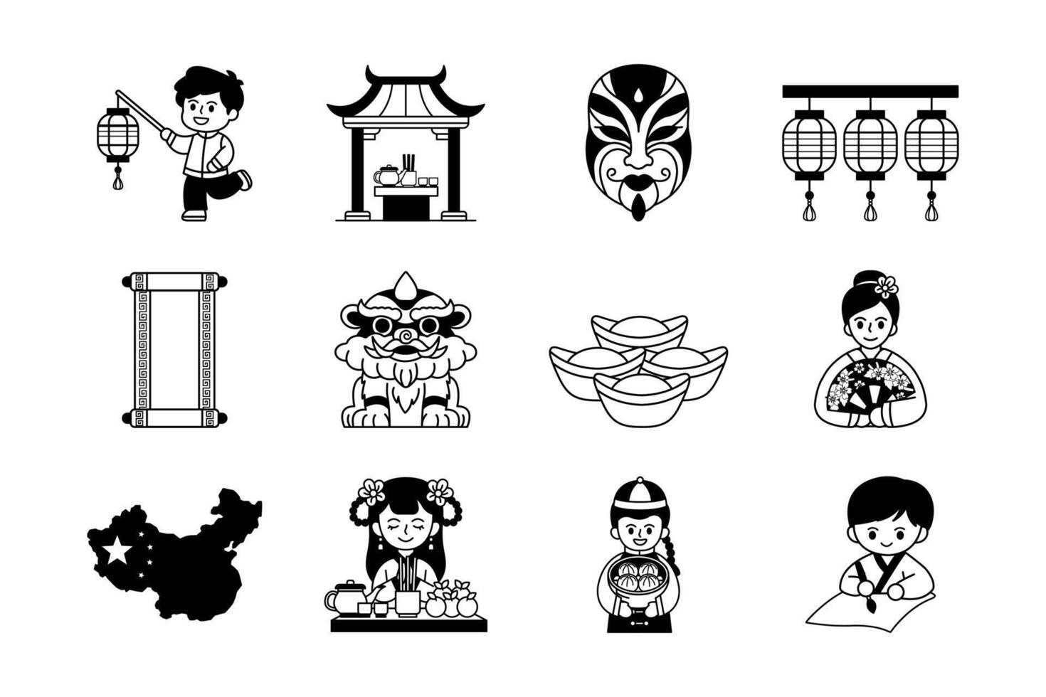 black and white illustration of chinese culture icons collection vector
