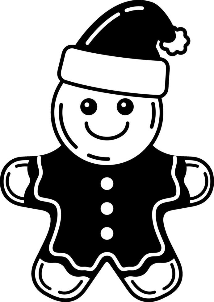 black and white illustration of gingerbread man wearing an elf costumes vector