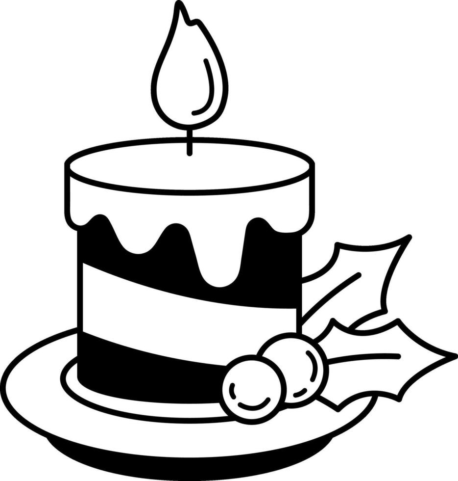 black and white illustration of a candle with a holly bunch vector