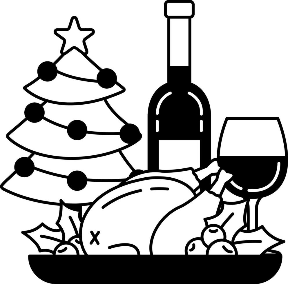 black and white illustration of The Christmas tree is surrounded by a bottle of wine and a plate of roast turkey vector